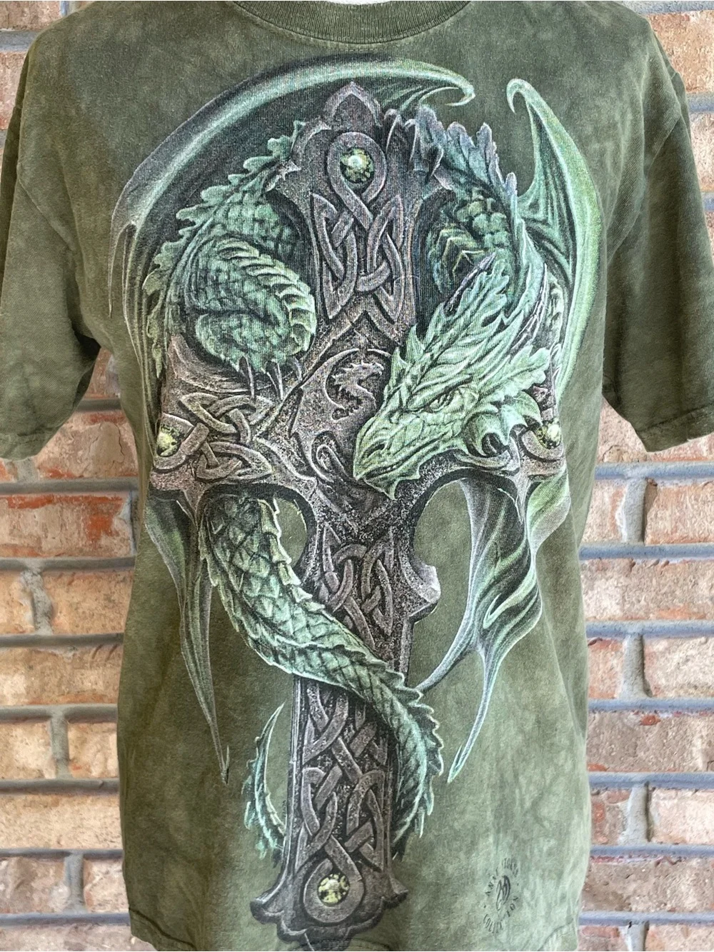 The Mountain Anne Stokes Collection Green Celtic Cross Dragon Graphic T-Shirt